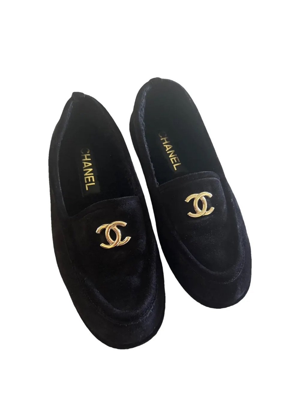 NOT CHANEL Black Velvet Slip-On Loafers with Gold CC Emblem